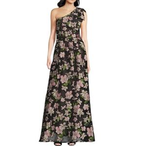 Abbey Glass Caroline Jacquard A-Line Gown XS One‎ Shoulder Bow Floral